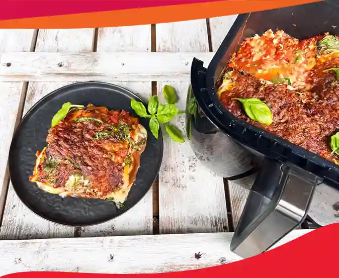 Air fryer lasagna, rich, cheesy, and ready in under 1 hour
